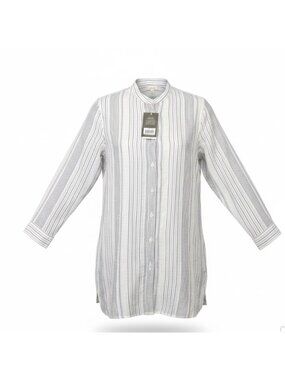 Garnet Hill Womens White/Blue Linen Striped Long Sleeve Shirt Button Front Sz XL